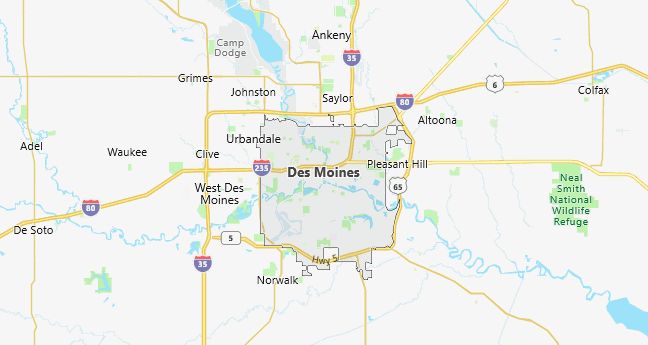 Map of Des Moines, IA